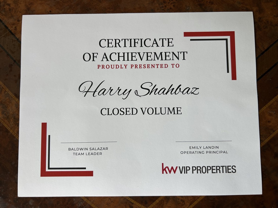 Certificate of Achievement for Closed Volume presented to Harry Shahbaz by Keller Williams VIP Properties